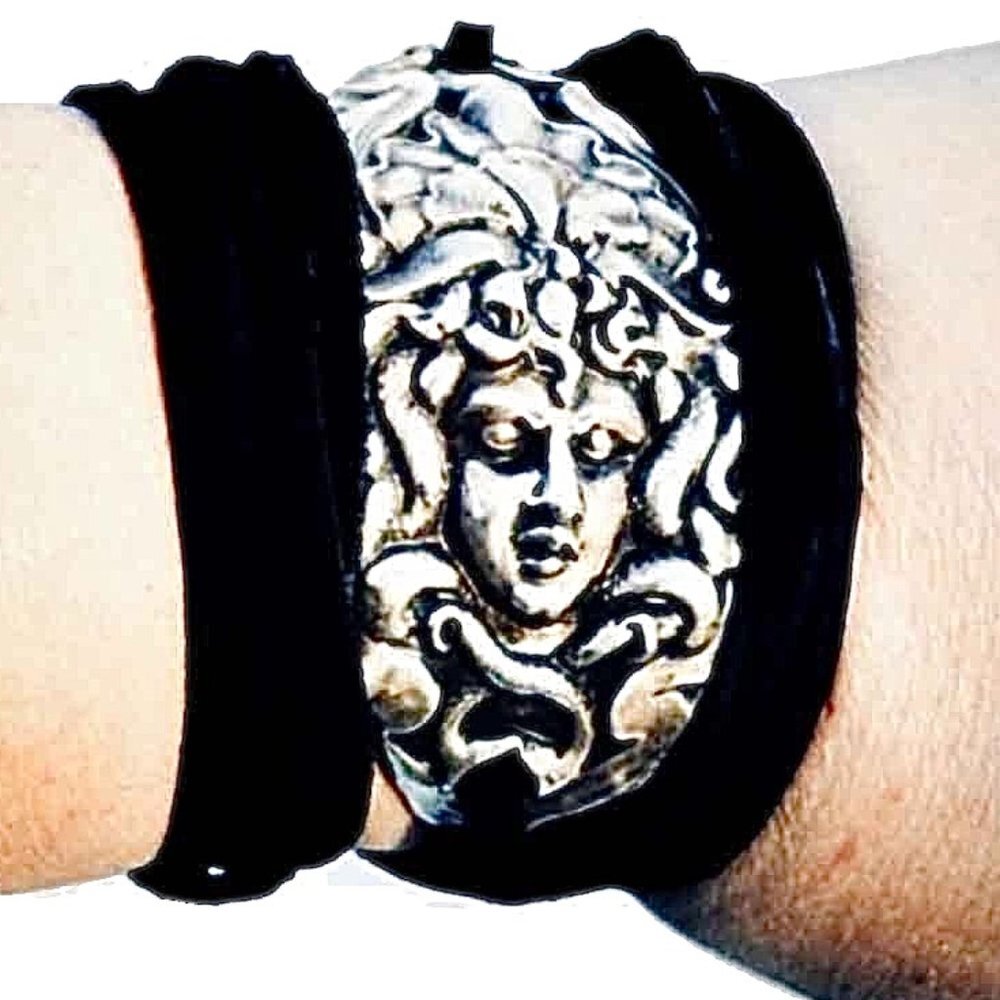 Antique Sterling Silver Medusa 925 Tie Wrap Cuff Art Nouveau Genuine Leather